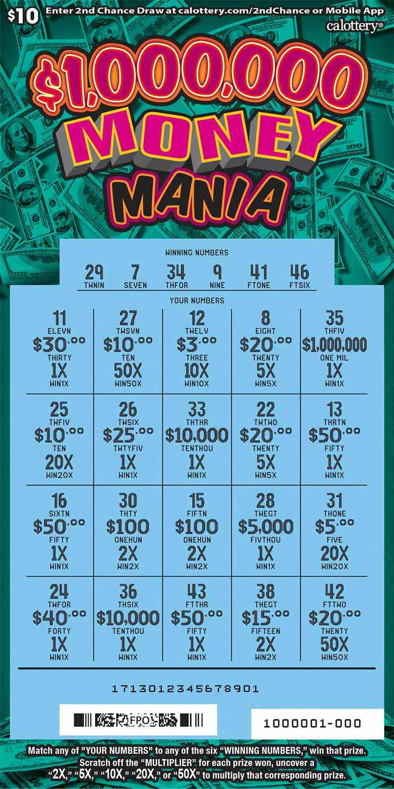 $1,000,000 Money Mania scratchcard - game number #1713 - front-scratched