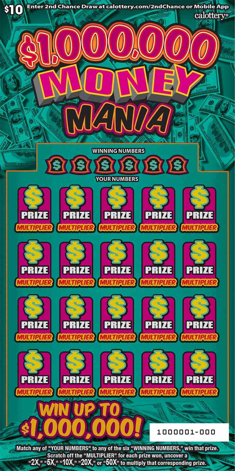 $1,000,000 Money Mania scratchcard - game number #1713 - front