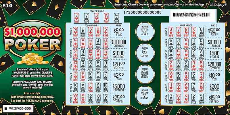 $1,000,000 Poker scratchcard - game number #1725 - front-scratched