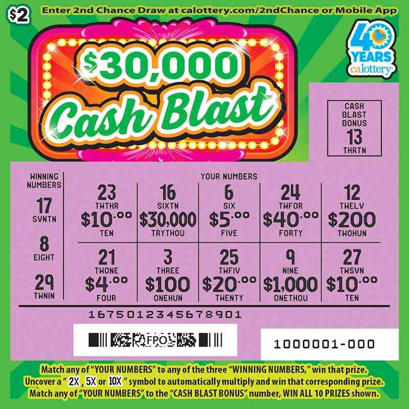 $30,000 Cash Blast scratchcard - game number #1675 - front-scratched
