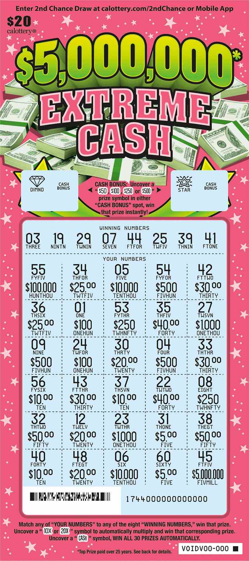 $5,000,000 Extreme Cash scratchcard - game number #1744 - front-scratched