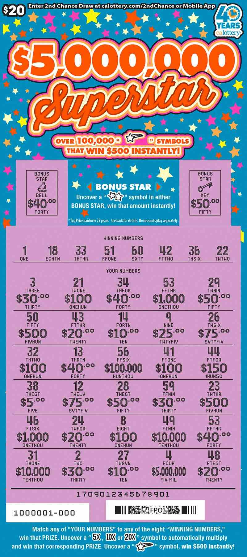 $5,000,000 Superstar scratchcard - game number #1709 - front-scratched