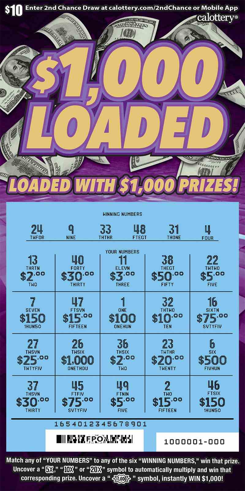 1,000 Loaded scratchcard - game number #1654 - front-scratched