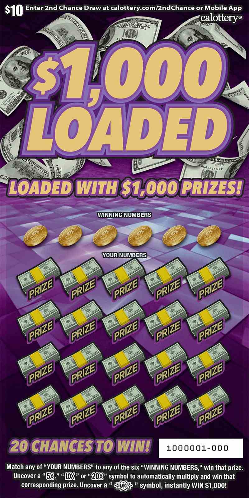 1,000 Loaded scratchcard - game number #1654 - front