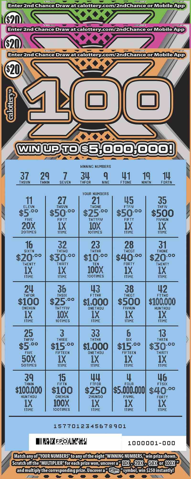 100X scratchcard - game number #1577 - front-scratched