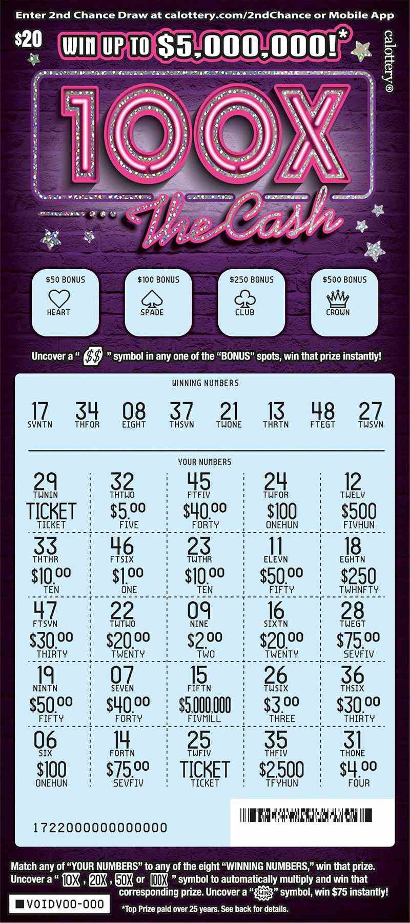 100X The Cash scratchcard - game number #1722 - front-scratched