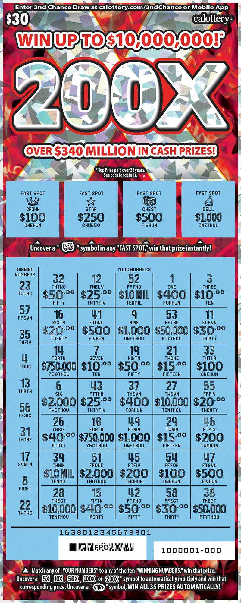 200X scratchcard - game number #1638 - front-scratched