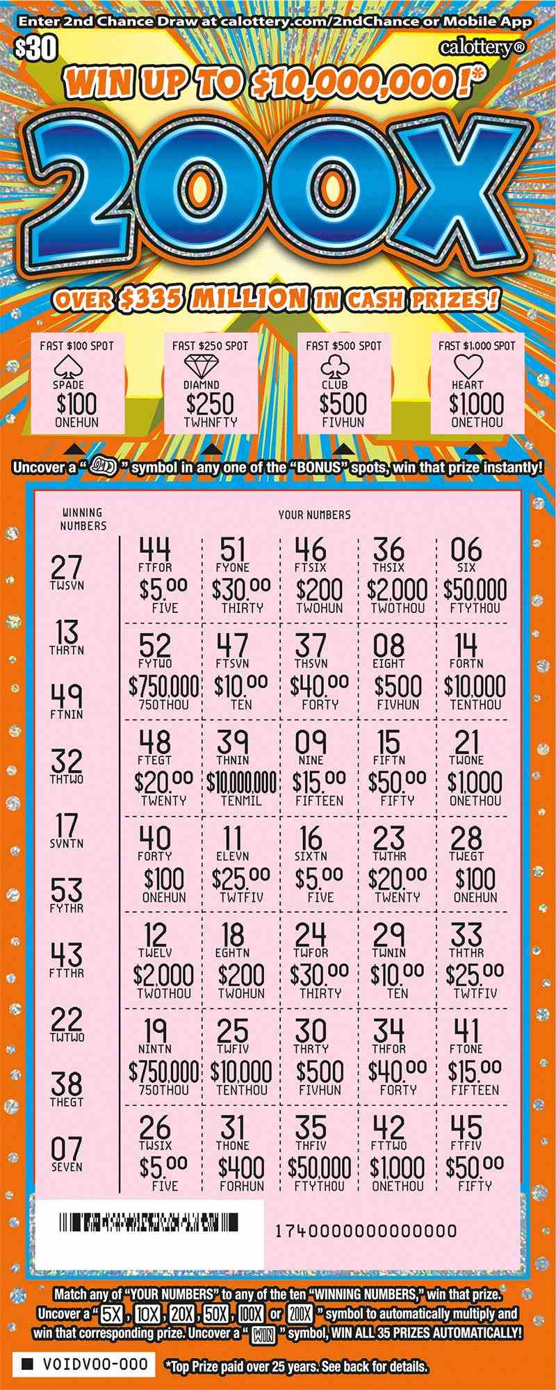 200X scratchcard - game number #1740 - front-scratched
