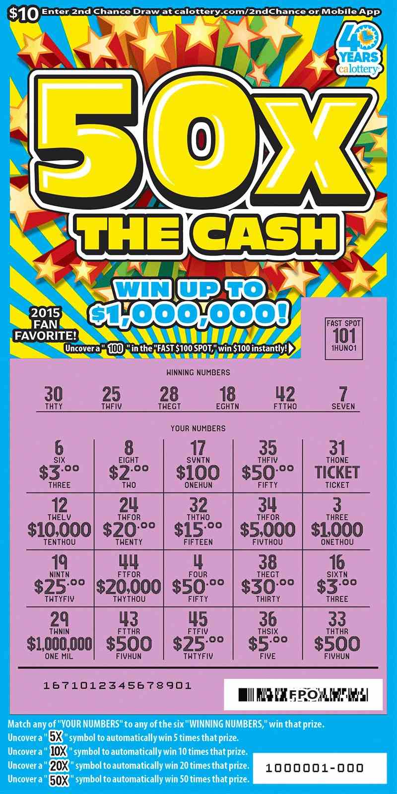 50X The Cash scratchcard - game number #1671 - front-scratched