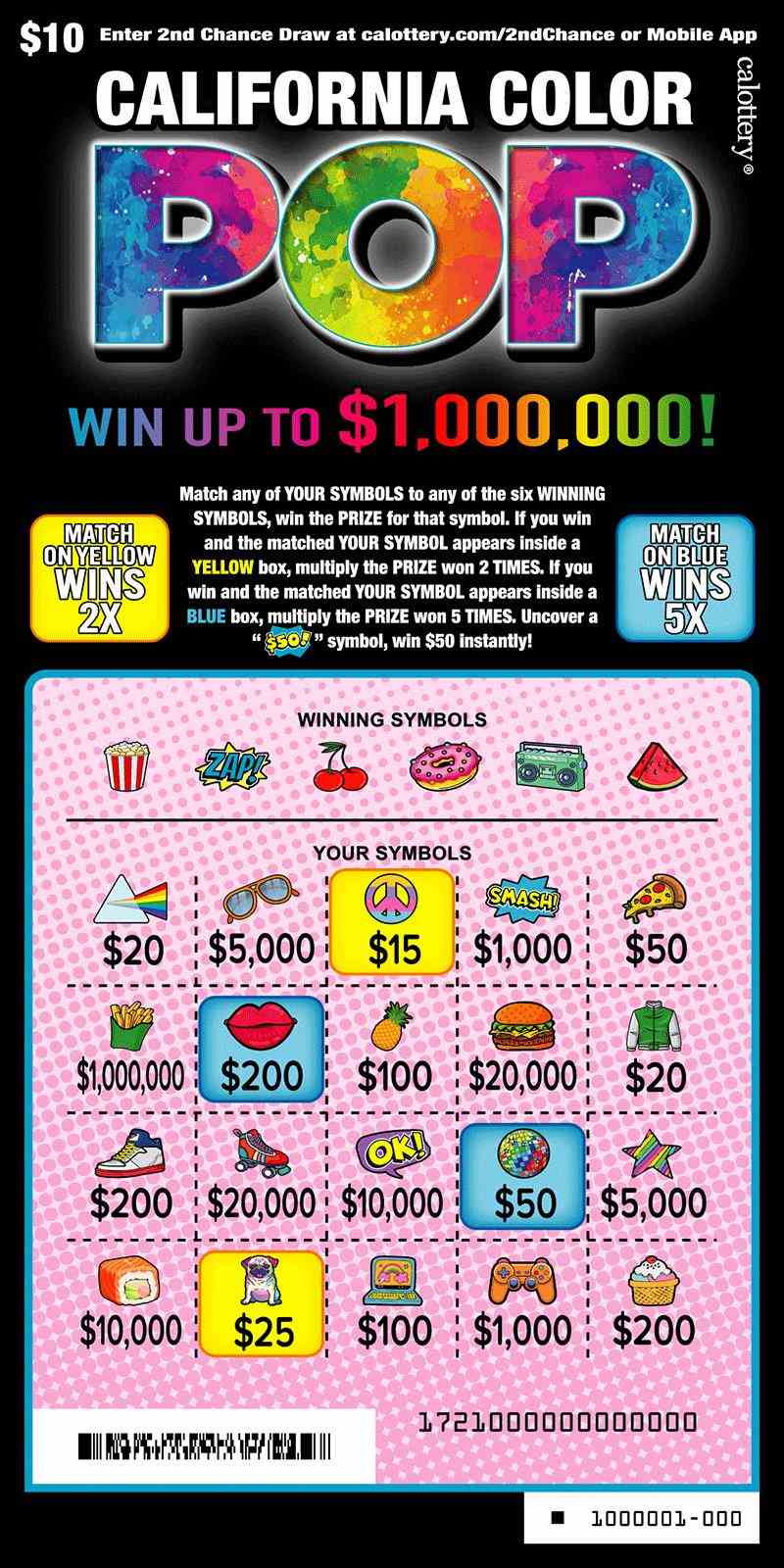 California Color Pop scratchcard - game number #1721 - front-scratched