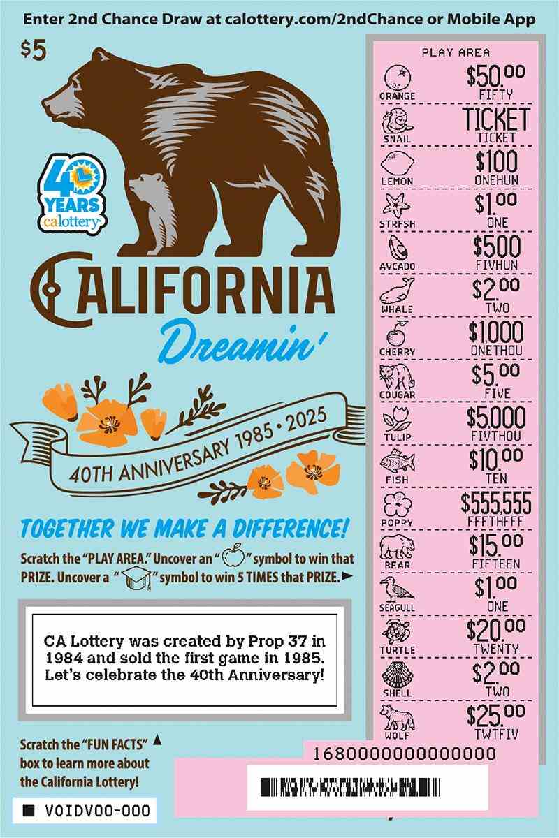 California Dreamin' scratchcard - game number #1680 - front-scratched