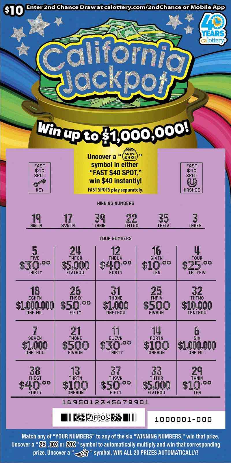 California Jackpot scratchcard - game number #1695 - front-scratched