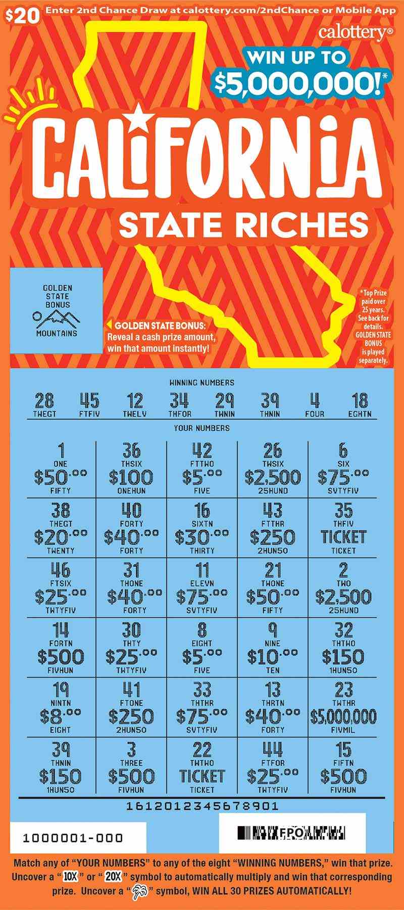 California State Riches scratchcard - game number #1612 - front-scratched