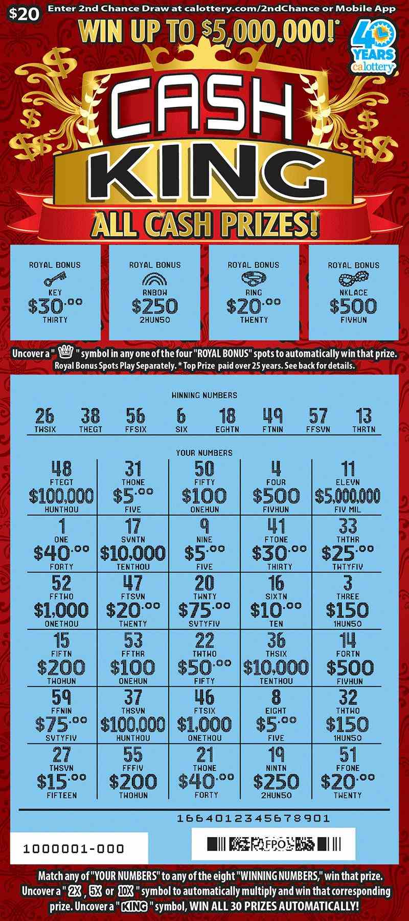Cash King scratchcard - game number #1664 - front-scratched