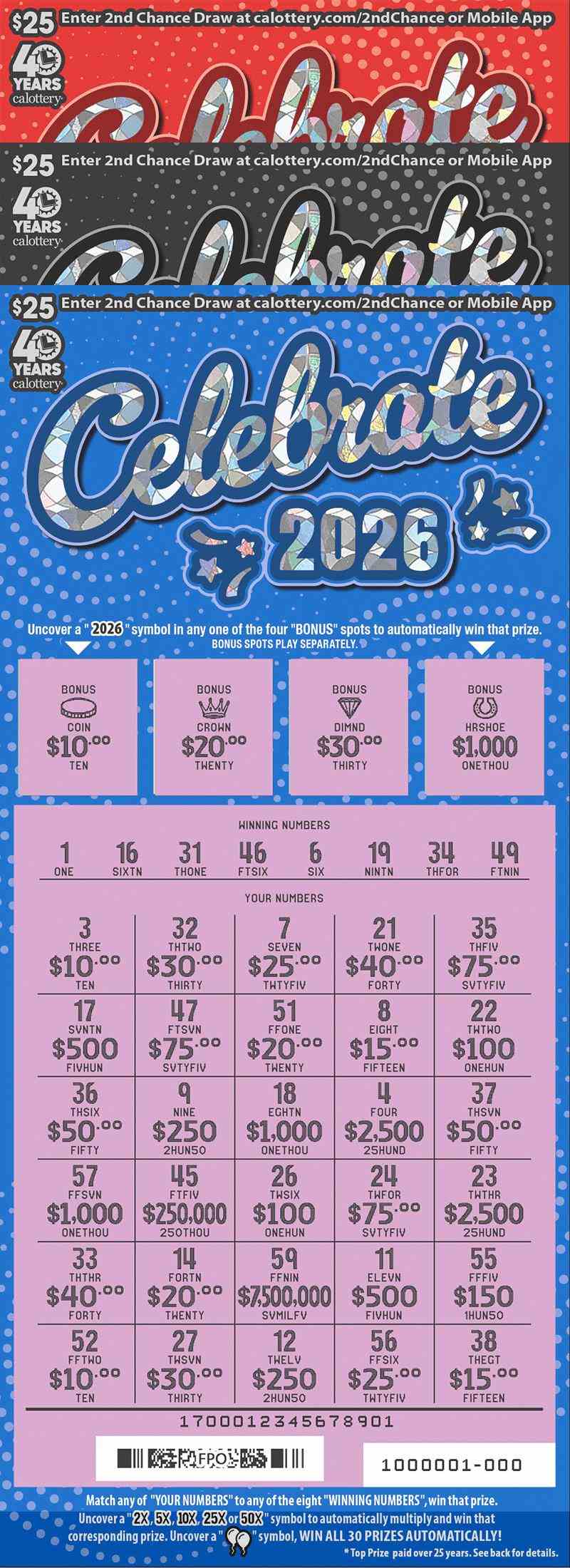 Celebrate 2026 scratchcard - game number #1700 - front-scratched