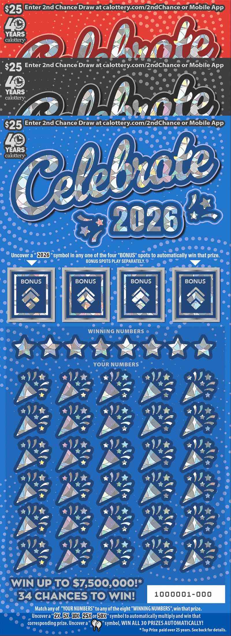 Celebrate 2026 scratchcard - game number #1700 - front
