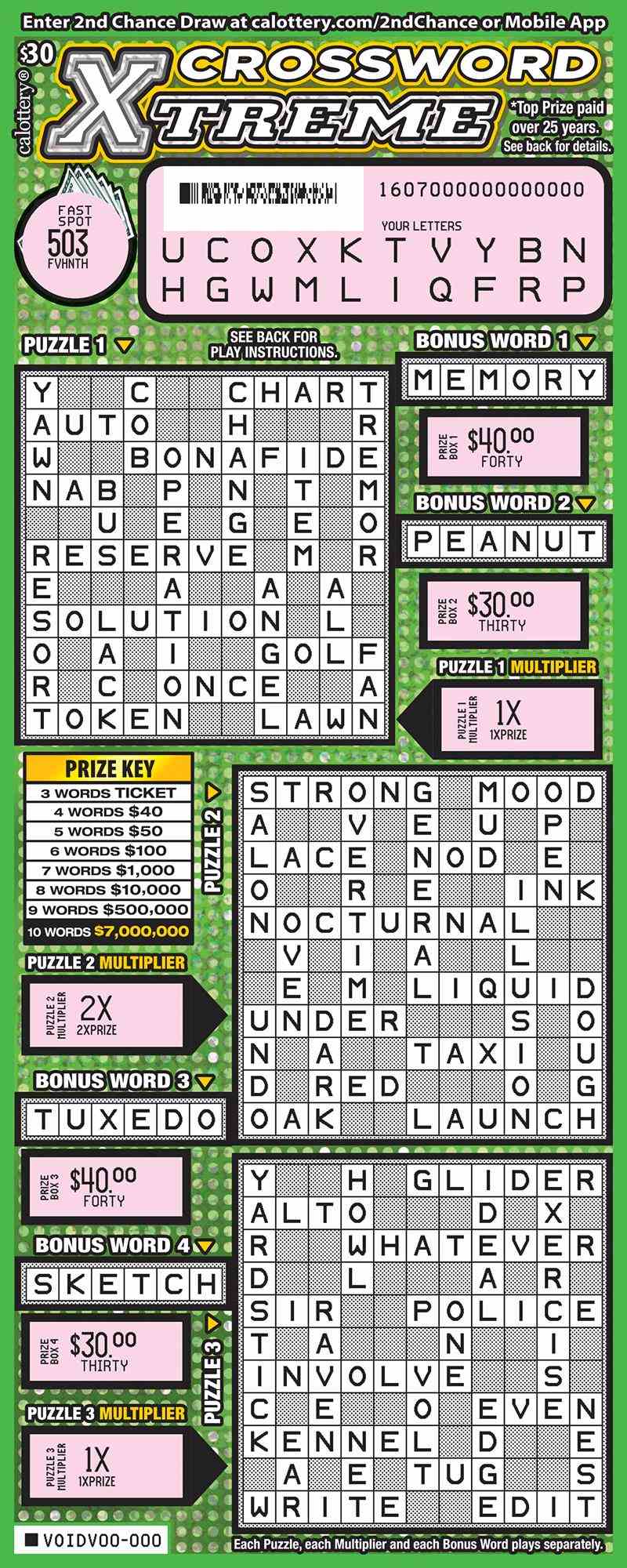 Crossword Xtreme scratchcard - game number #1607 - front-scratched