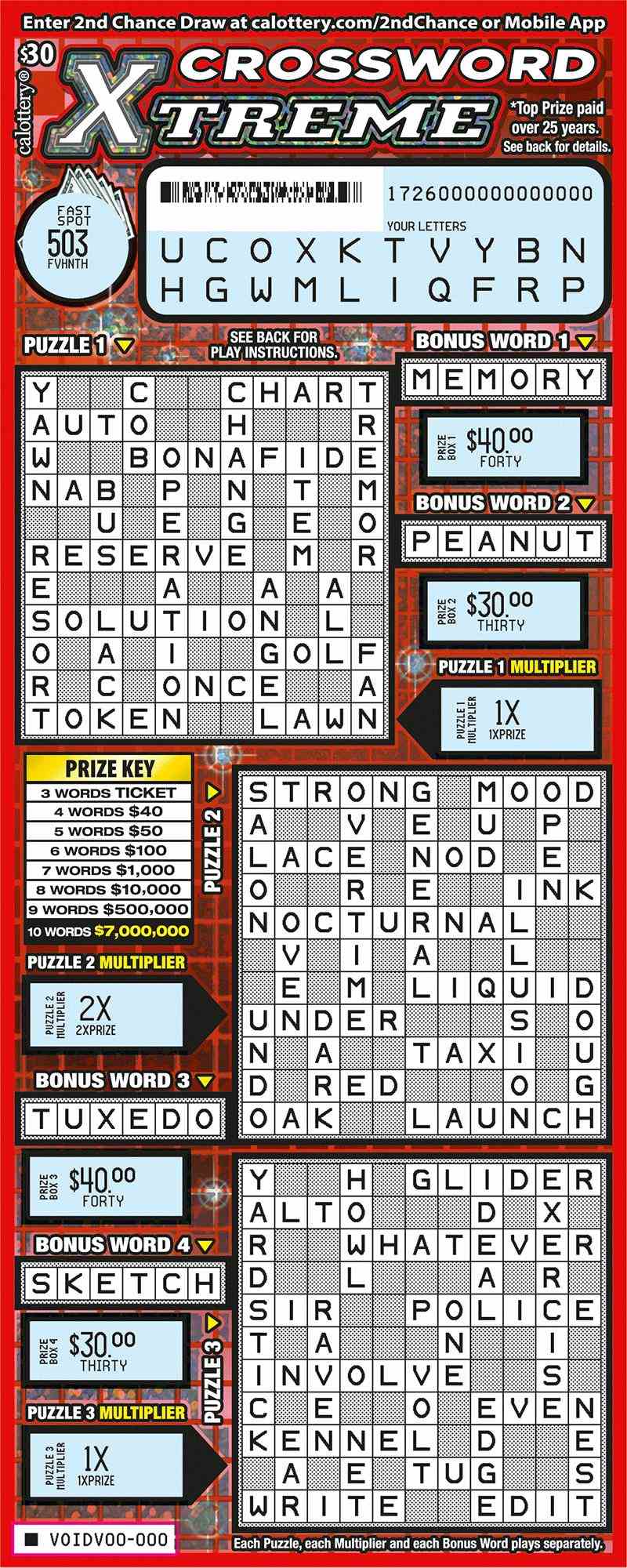 Crossword Xtreme scratchcard - game number #1726 - front-scratched