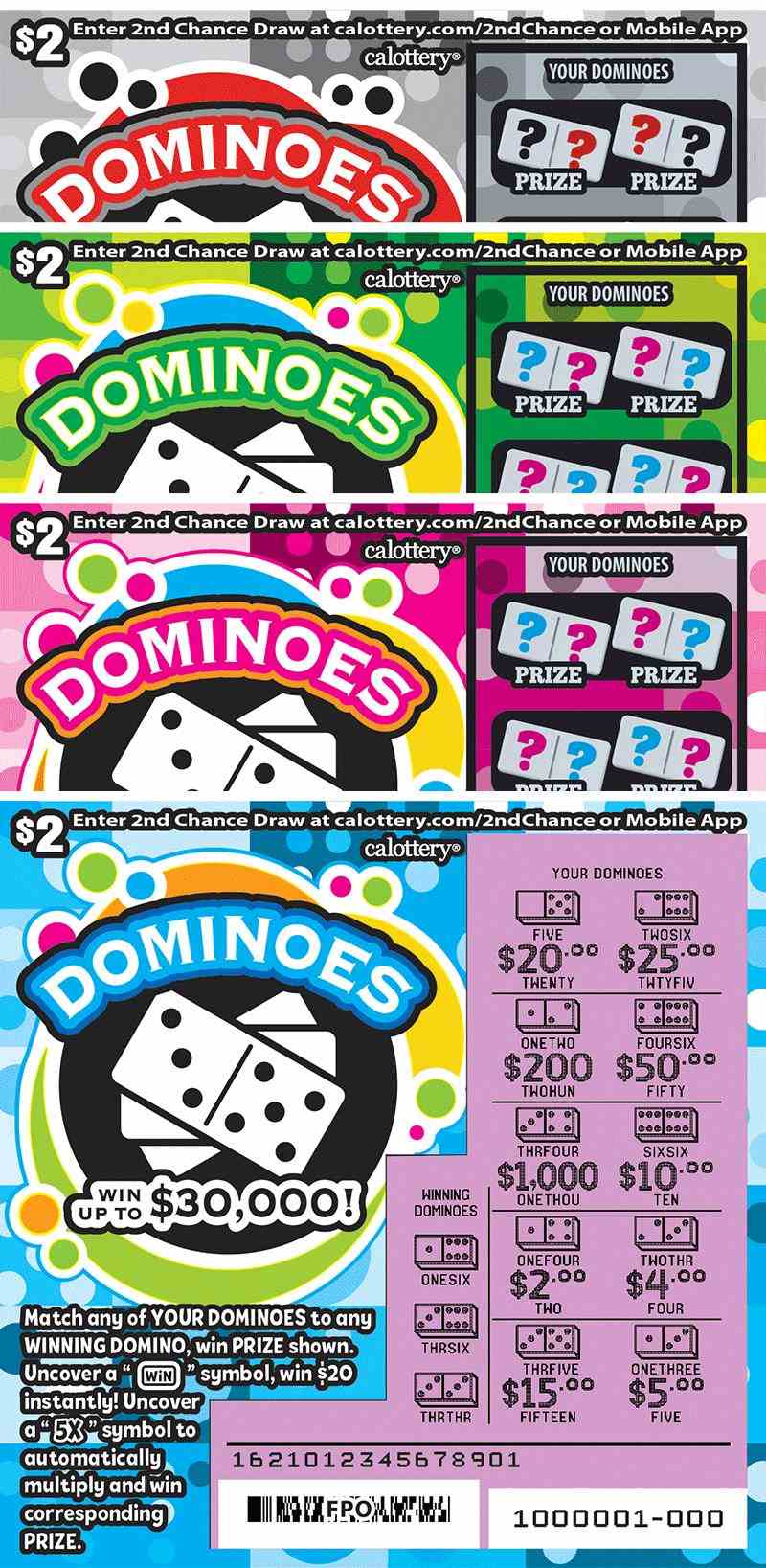 Dominoes scratchcard - game number #1621 - front-scratched