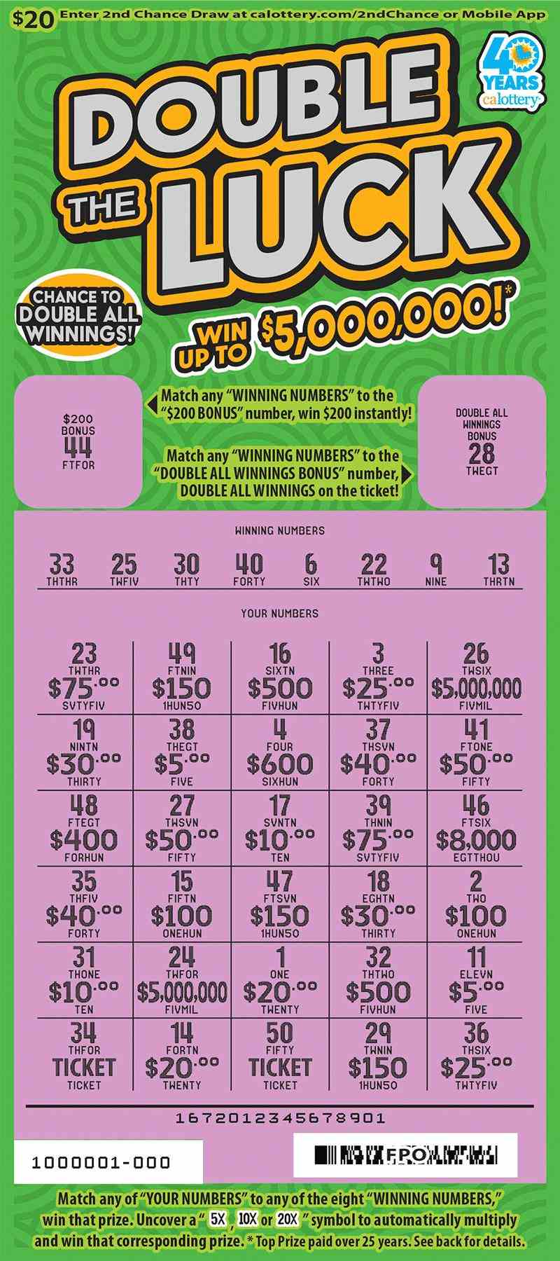 Double The Luck scratchcard - game number #1672 - front-scratched