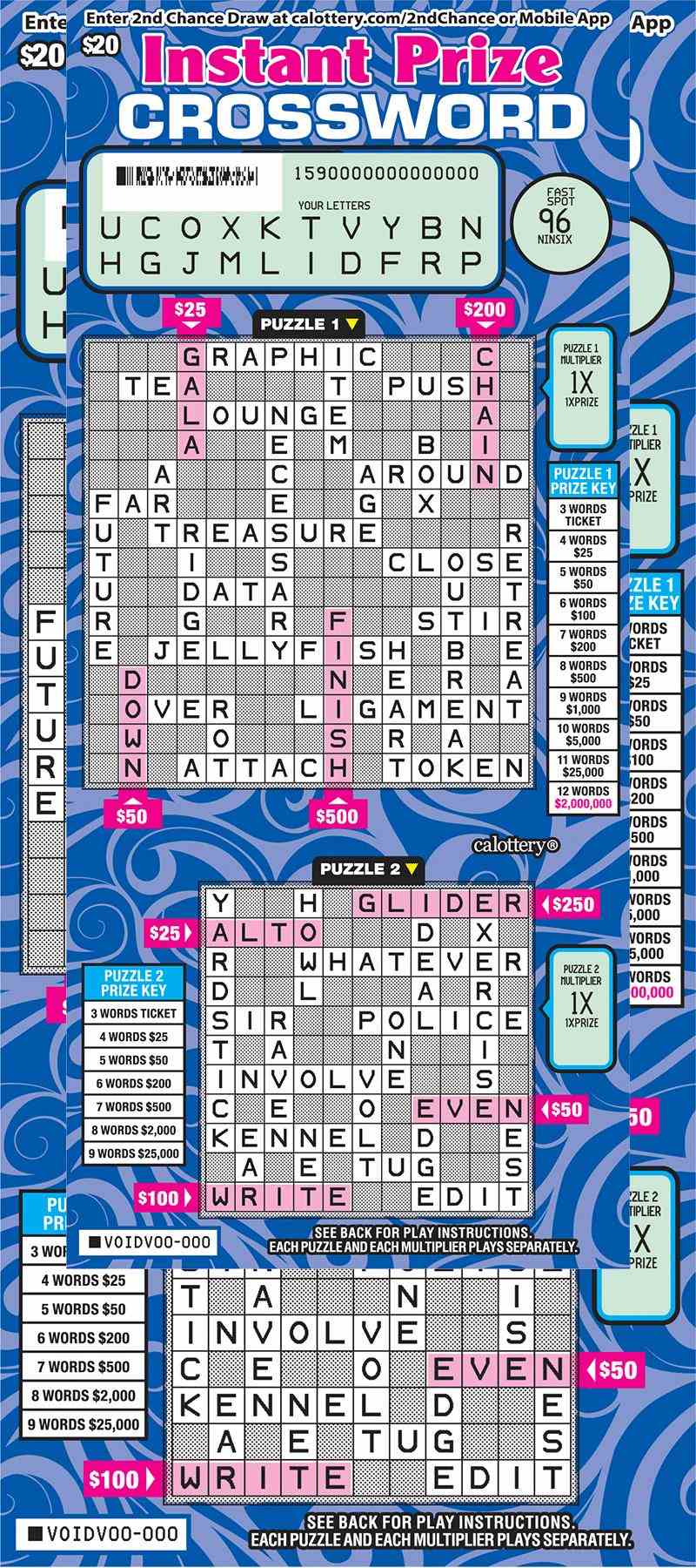 Instant Prize Crossword scratchcard - game number #1590 - front-scratched