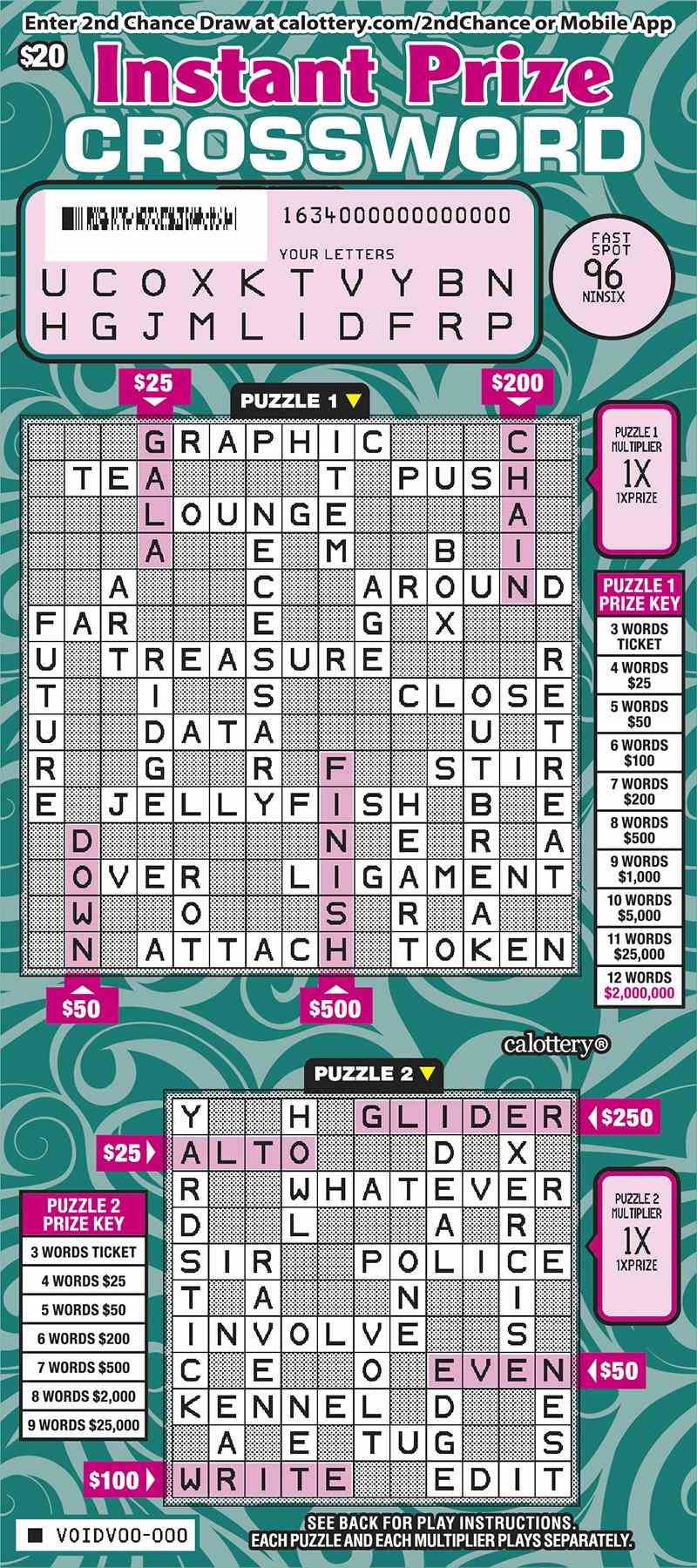Instant Prize Crossword scratchcard - game number #1634 - front-scratched