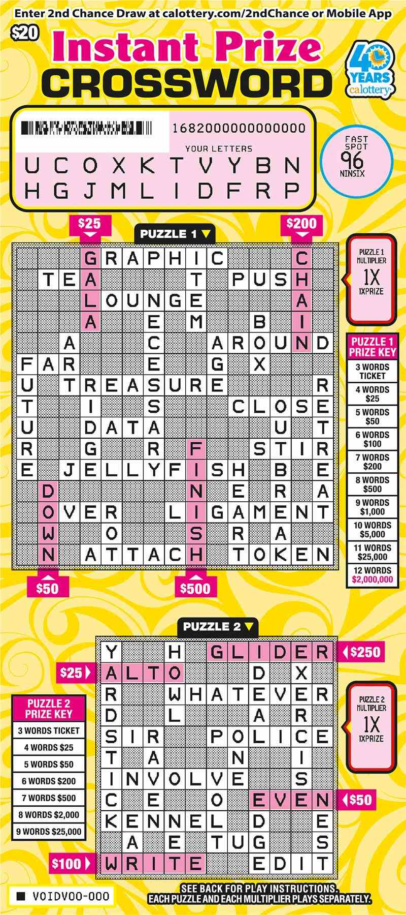 Instant Prize Crossword scratchcard - game number #1682 - front-scratched