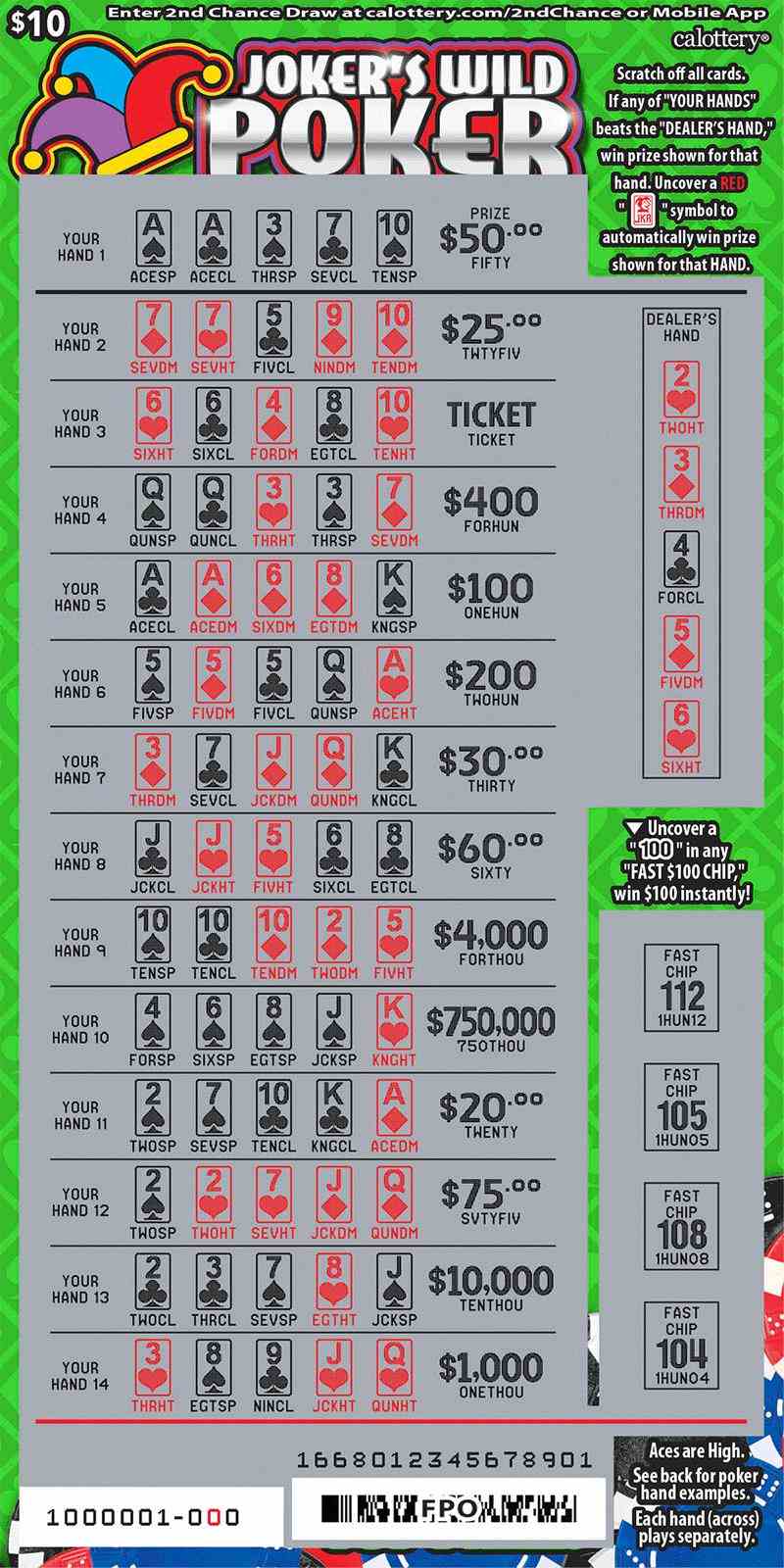 Joker's Wild Poker scratchcard - game number #1668 - front-scratched