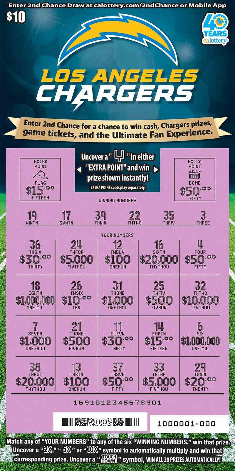Los Angeles Chargers scratchcard - game number #1691 - front-scratched
