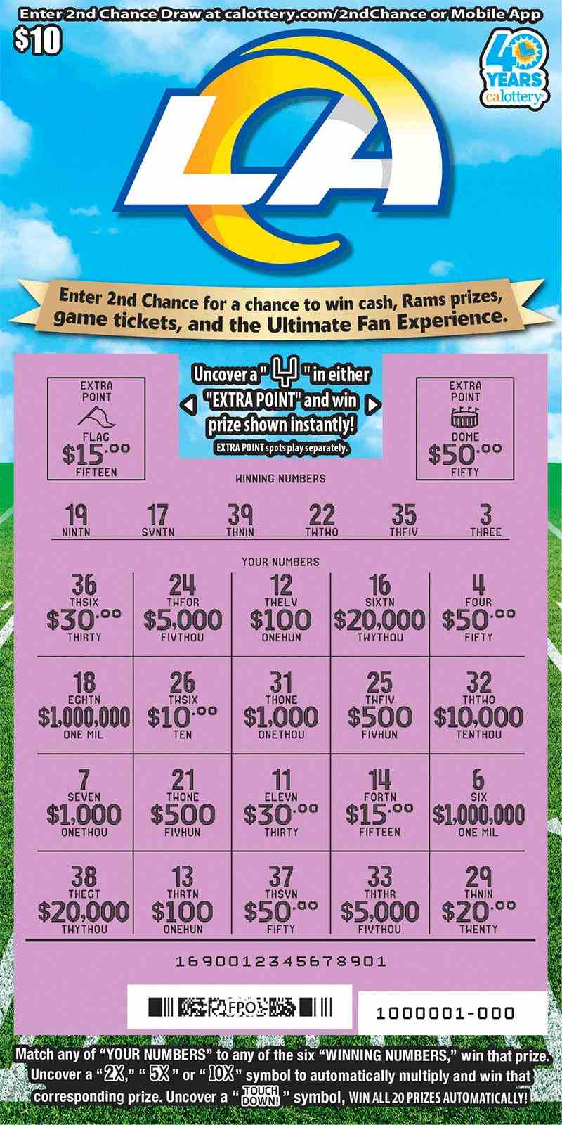 Los Angeles Rams scratchcard - game number #1690 - front-scratched