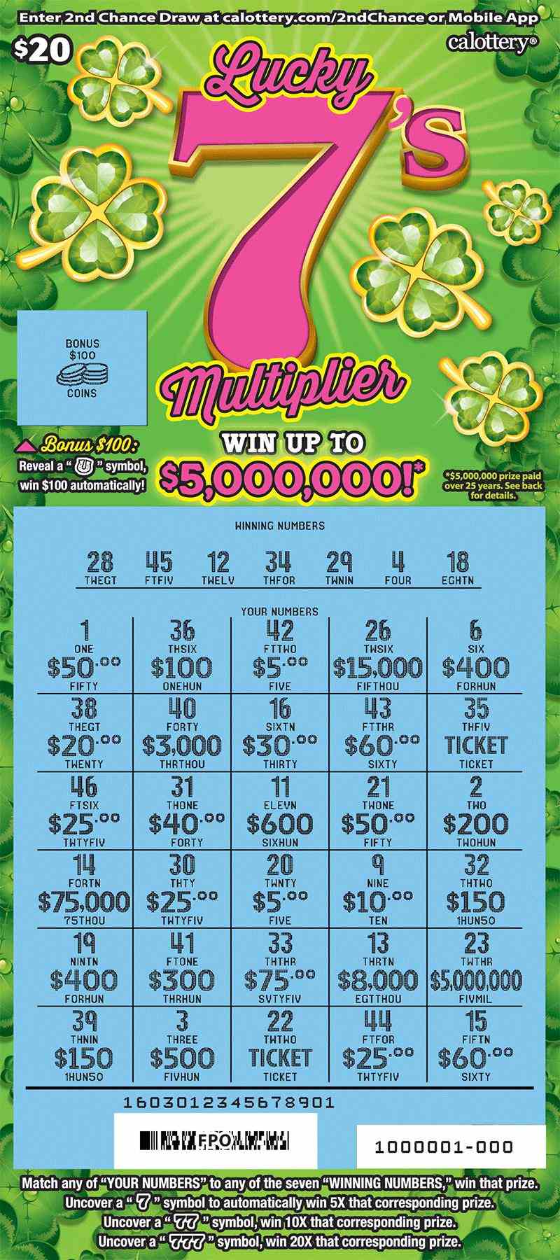 Lucky 7'S Multiplier scratchcard - game number #1603 - front-scratched