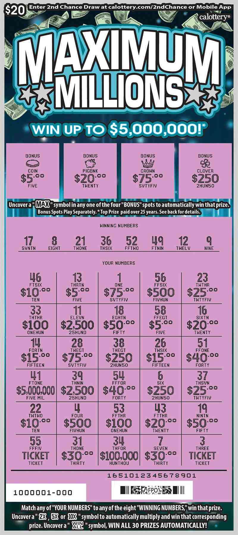 Maximum Millions scratchcard - game number #1651 - front-scratched