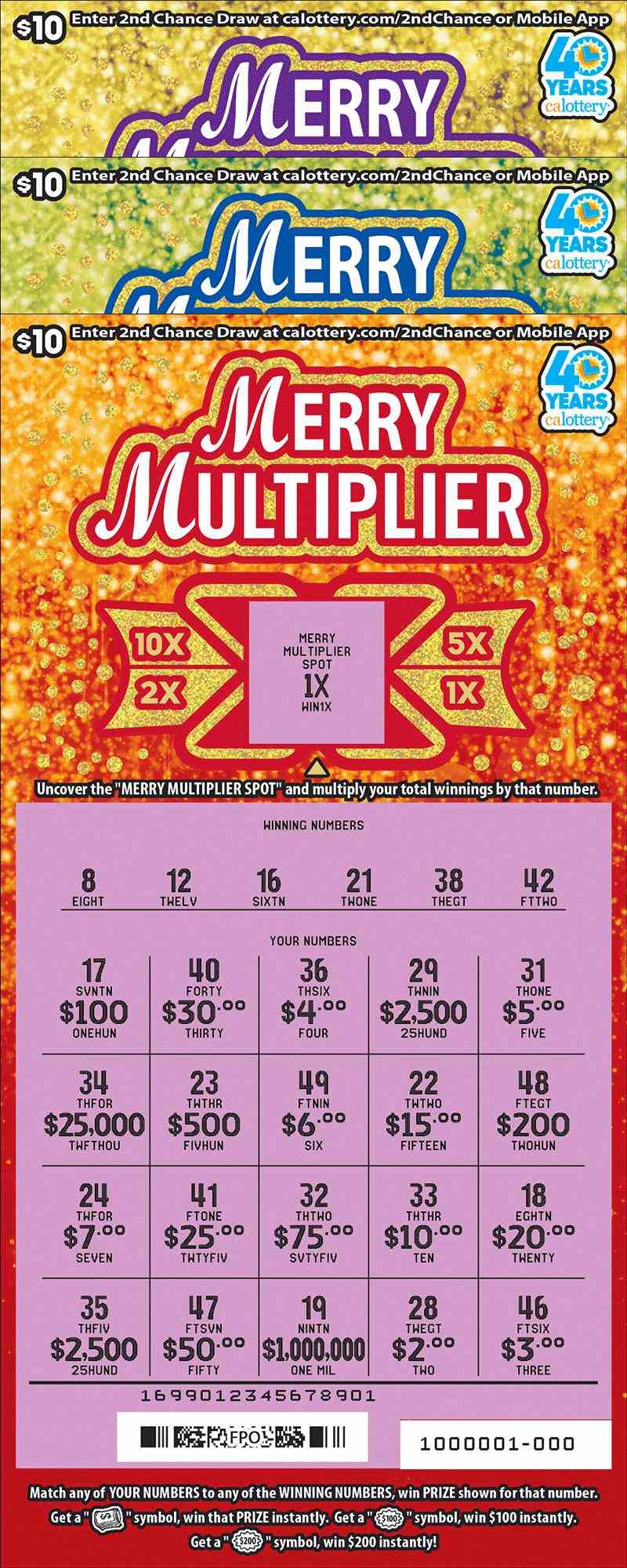 Merry Multiplier scratchcard - game number #1699 - front-scratched