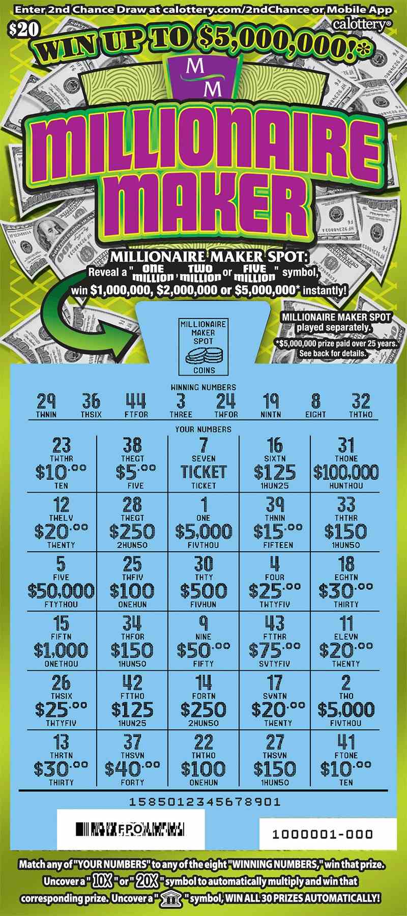 Millionaire Maker scratchcard - game number #1585 - front-scratched