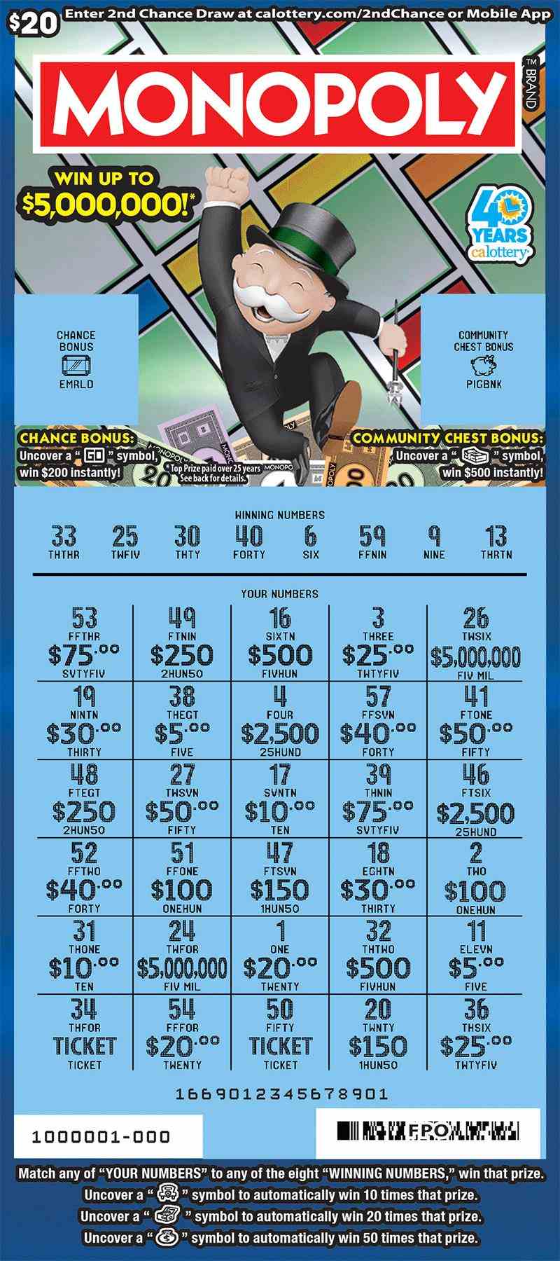 Monopoly scratchcard - game number #1669 - front-scratched