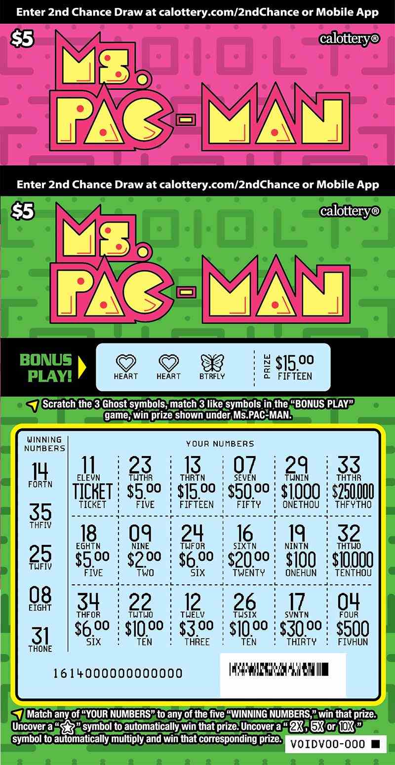 Ms Pac-Man scratchcard - game number #1614 - front-scratched