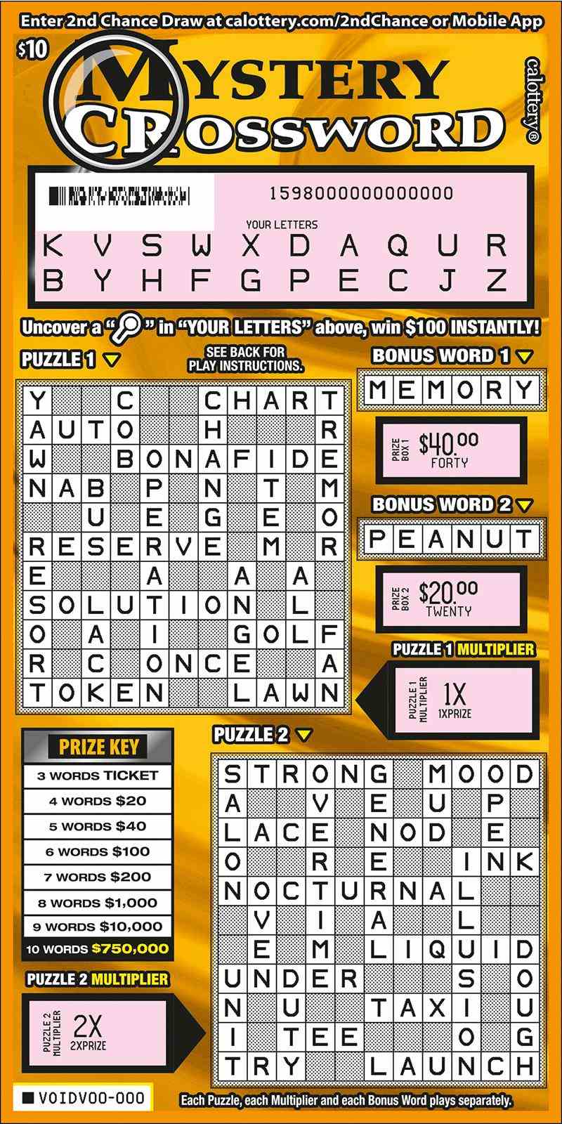 Mystery Crossword scratchcard - game number #1598 - front-scratched