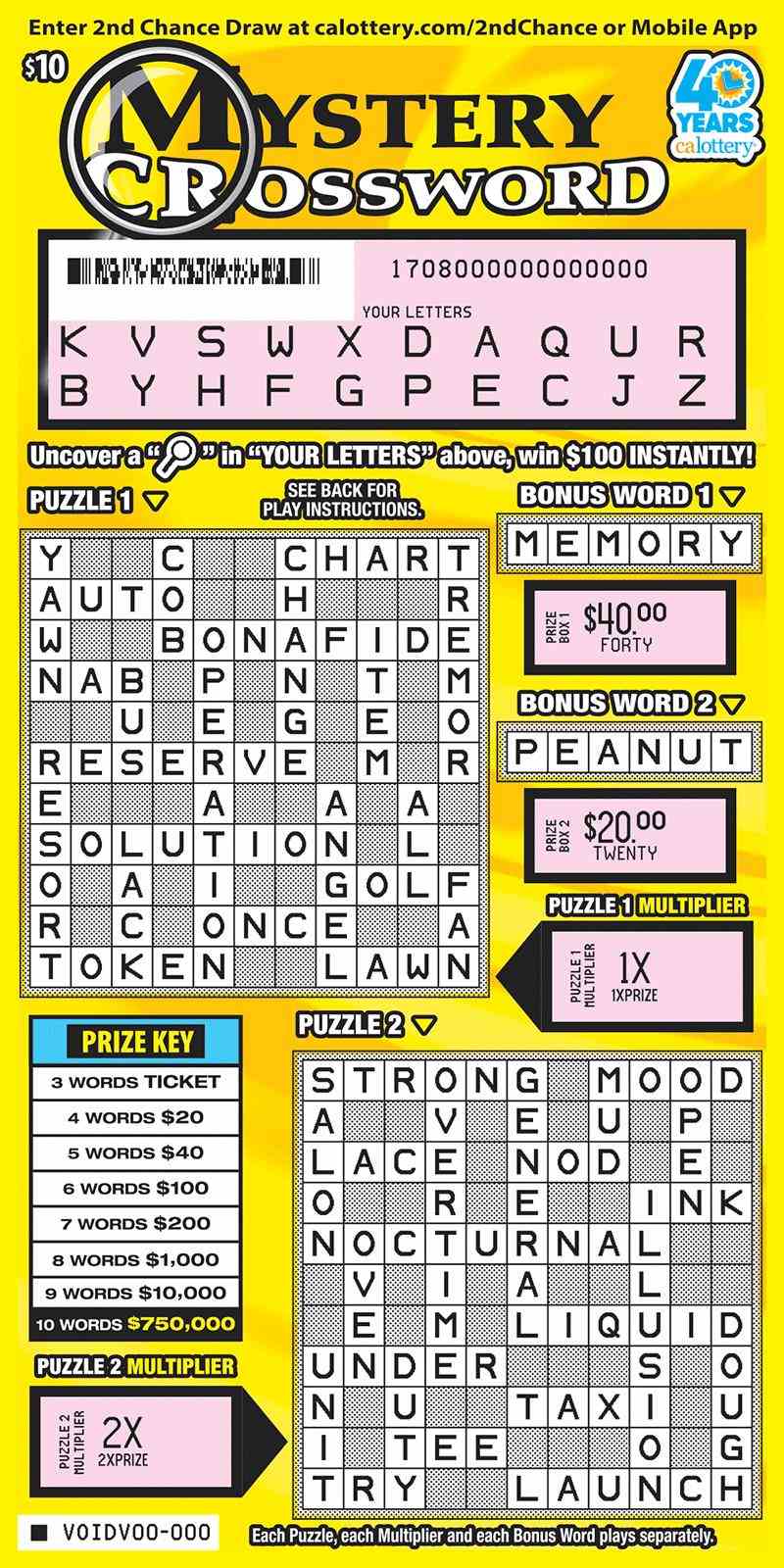 Mystery Crossword scratchcard - game number #1708 - front-scratched