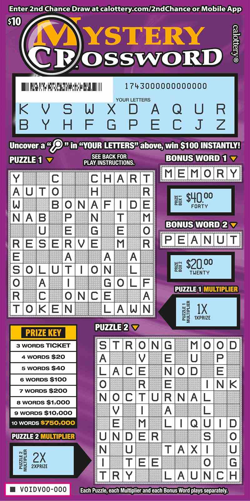 Mystery Crossword scratchcard - game number #1743 - front-scratched