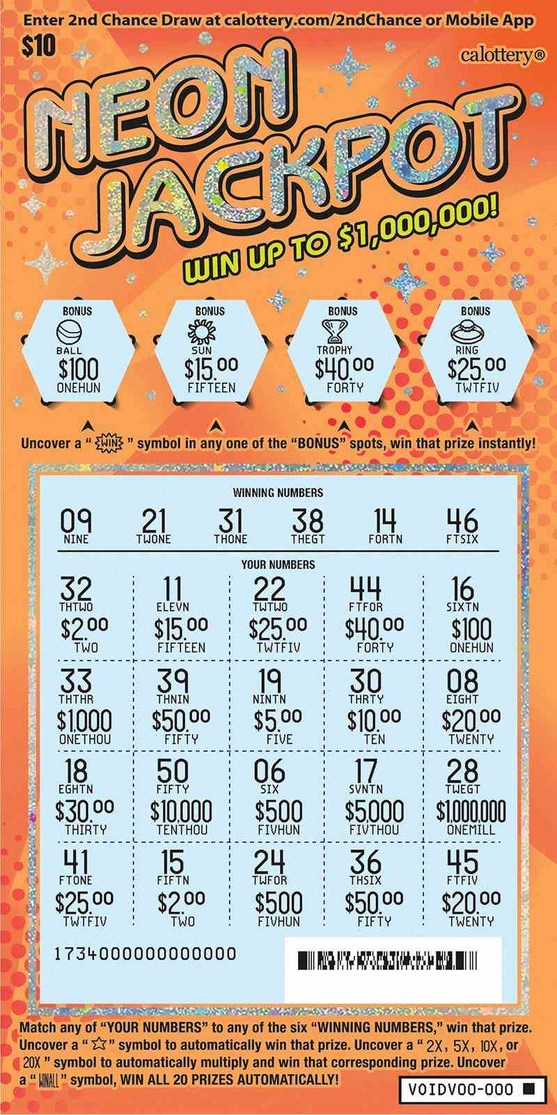 Neon Jackpot scratchcard - game number #1734 - front-scratched
