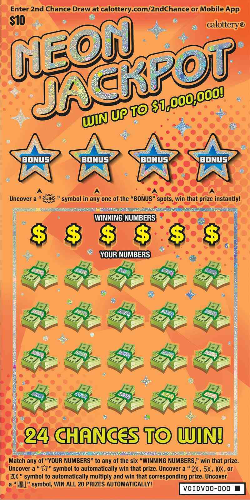 Neon Jackpot scratchcard - game number #1734 - front