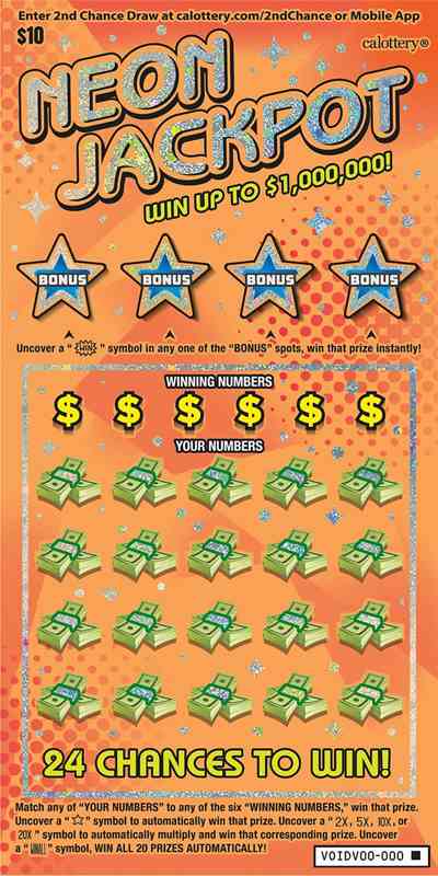 Neon Jackpot scratchcard - game number #1734 - front