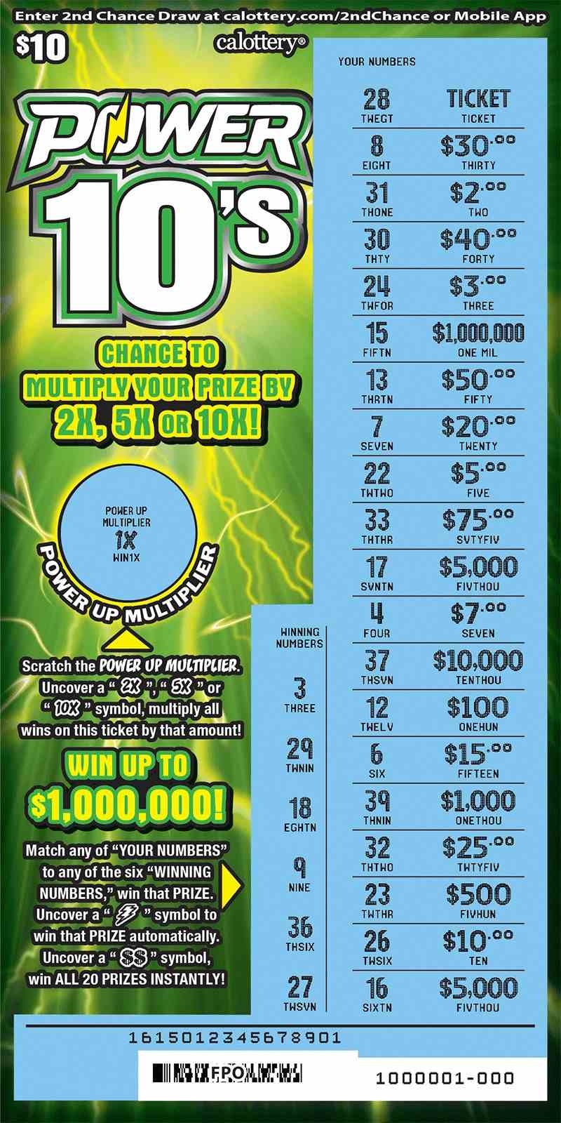 Power 10'S scratchcard - game number #1615 - front-scratched