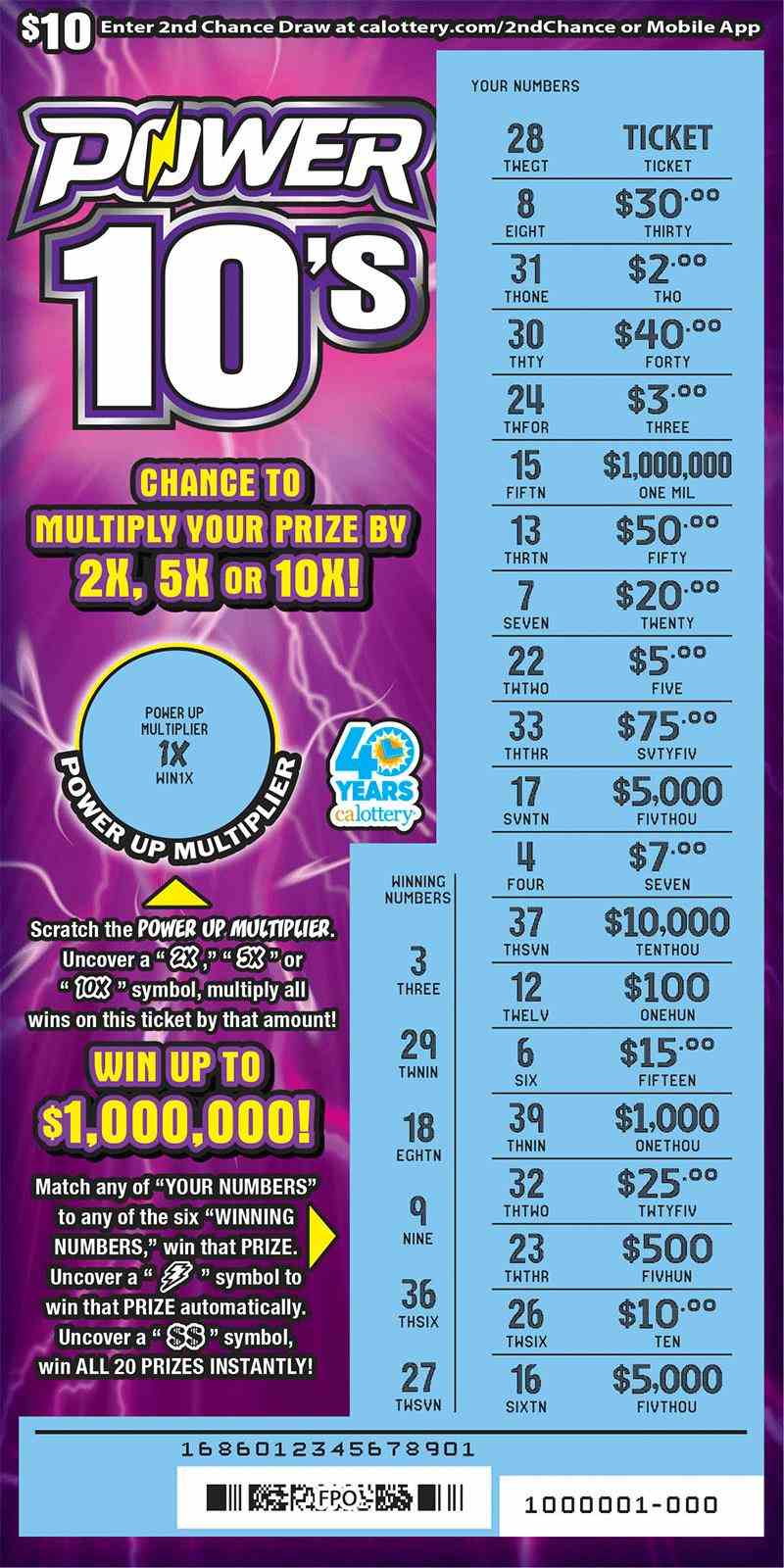 Power 10'S scratchcard - game number #1686 - front-scratched