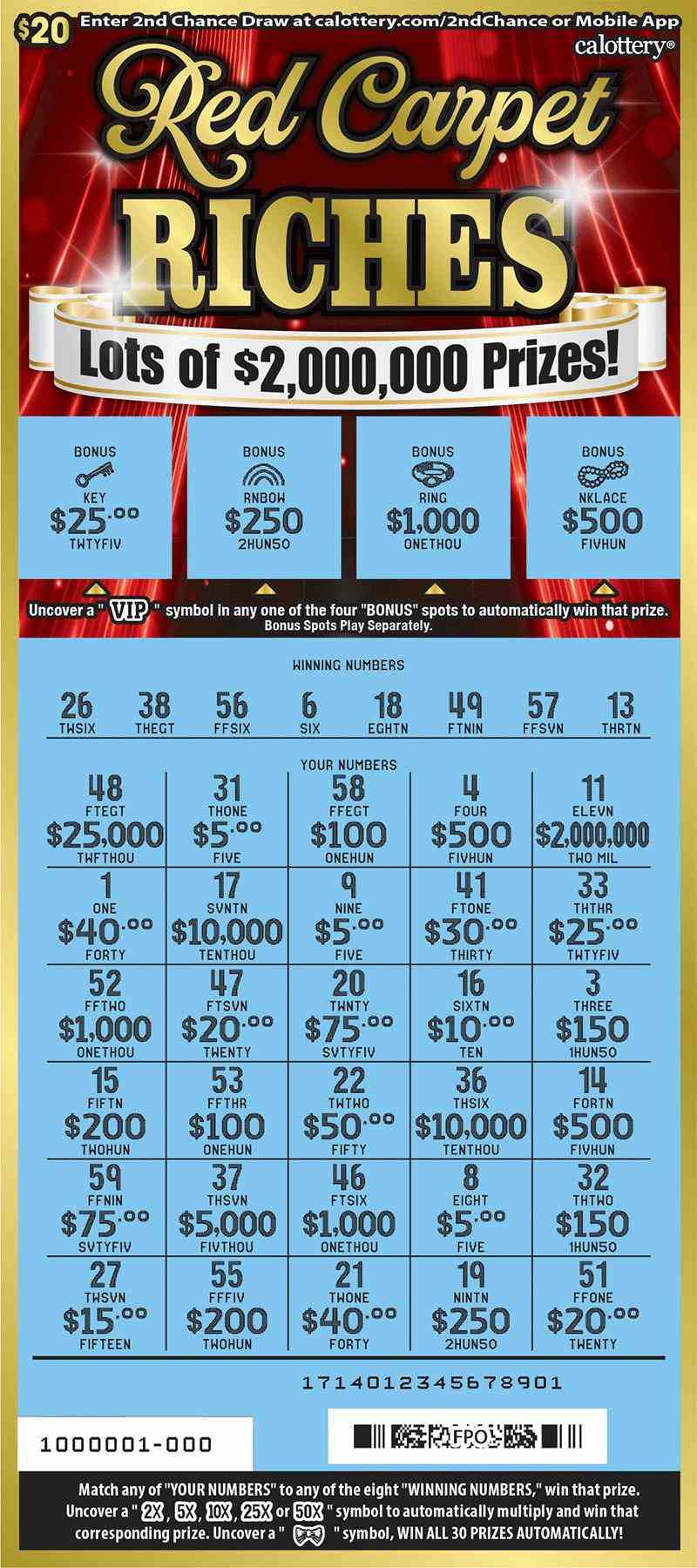 Red Carpet Riches scratchcard - game number #1714 - front-scratched