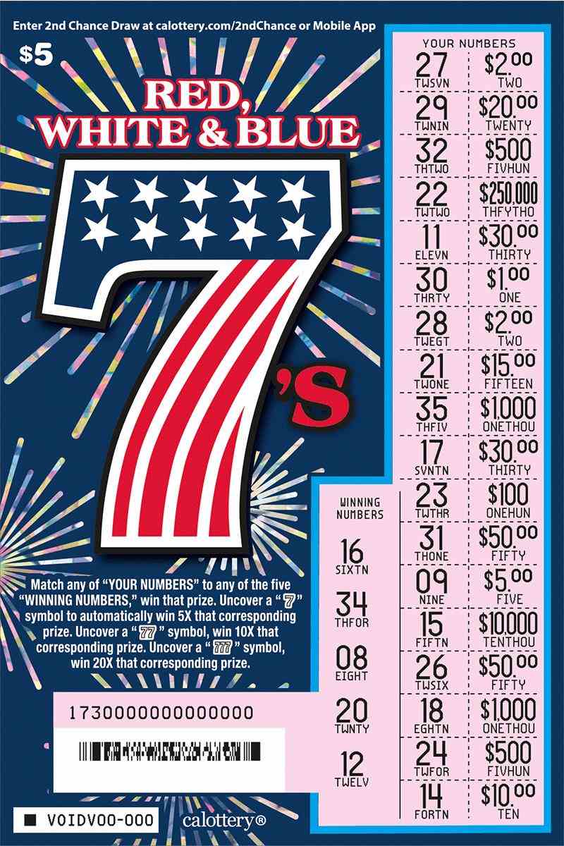 Red, White & Blue 7'S scratchcard - game number #1730 - front-scratched