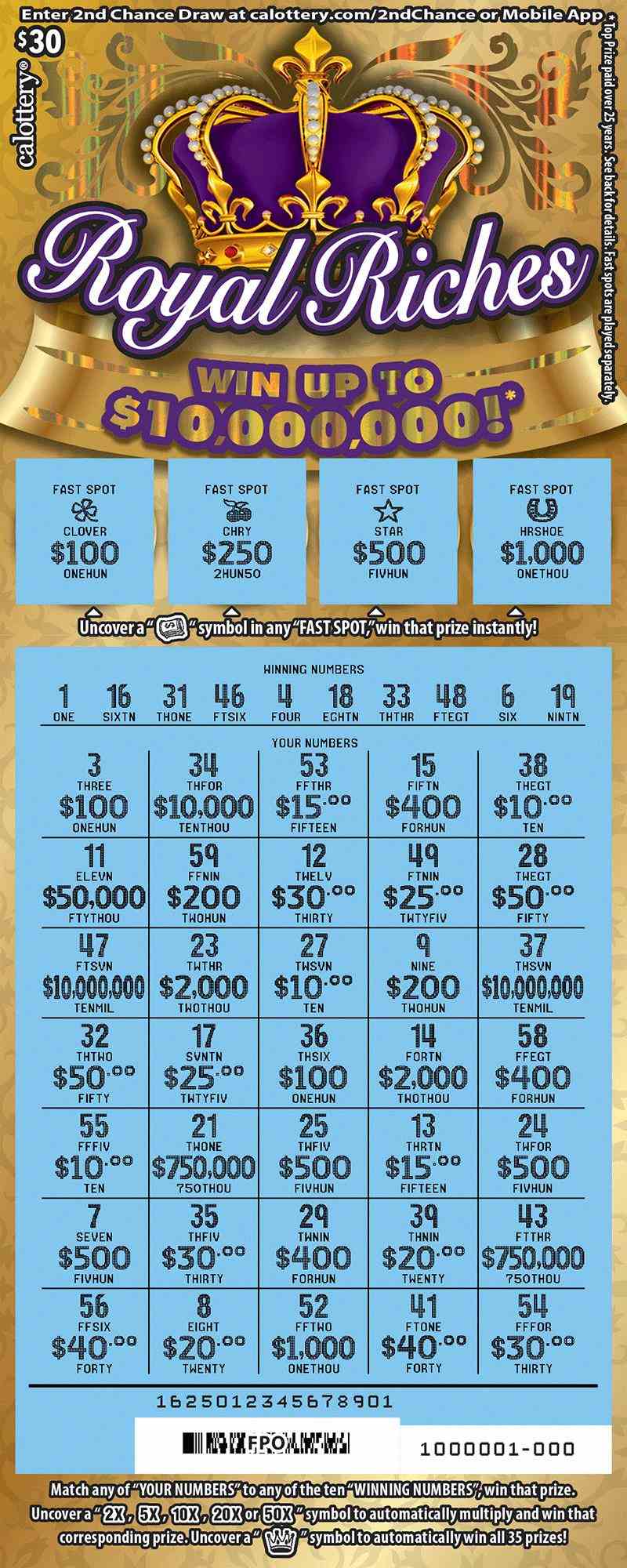 Royal Riches scratchcard - game number #1625 - front-scratched