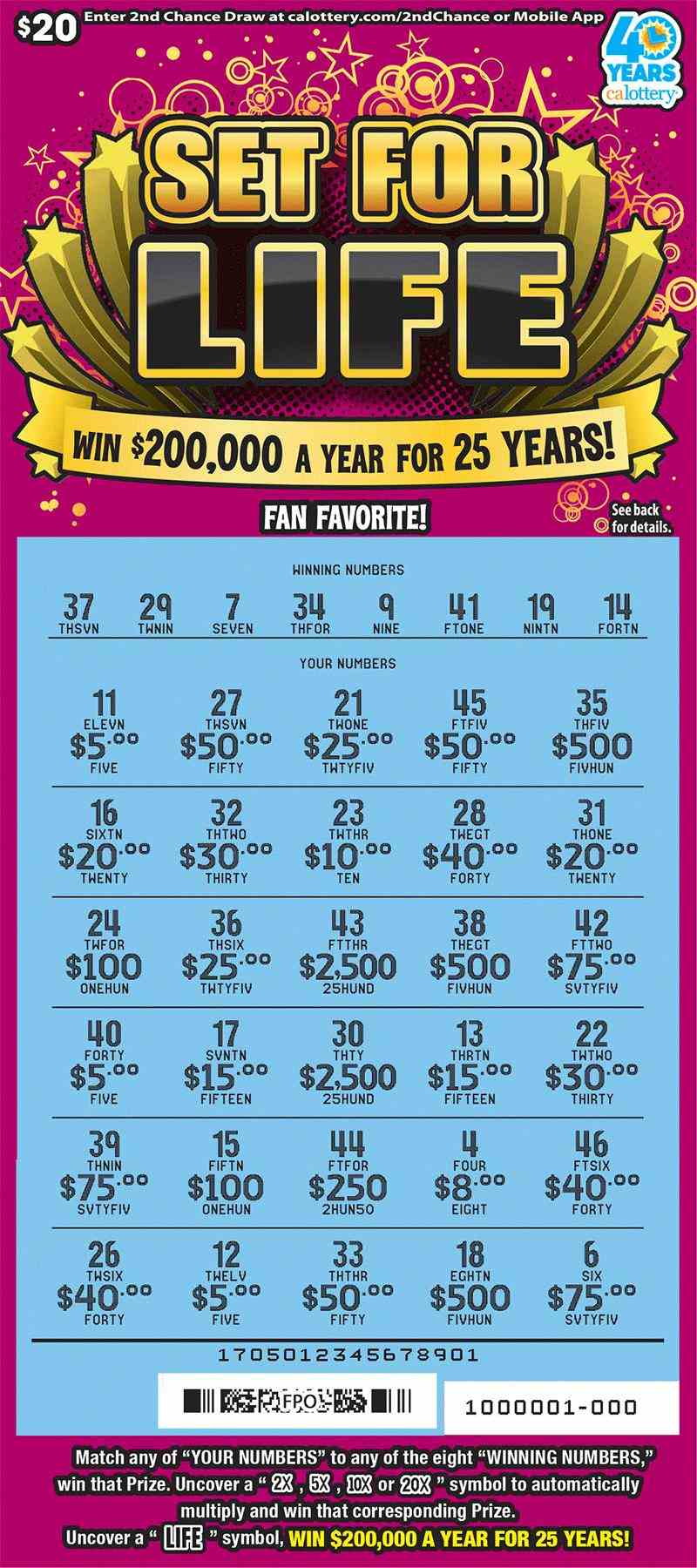 Set For Life scratchcard - game number #1705 - front-scratched