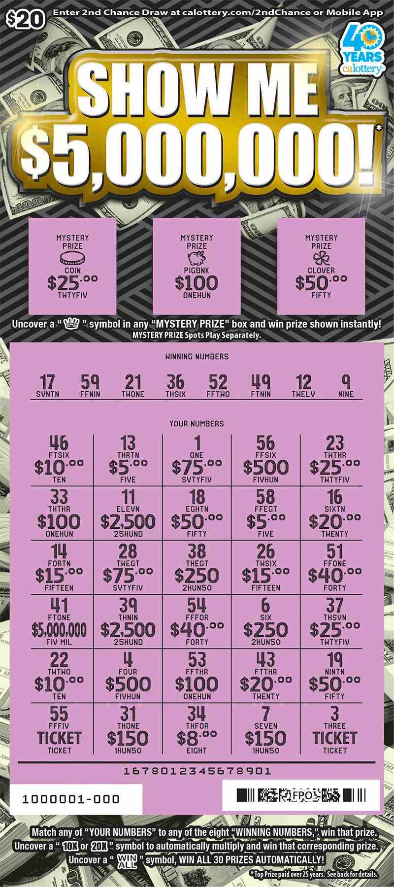 Show Me $5,000,000! scratchcard - game number #1678 - front-scratched