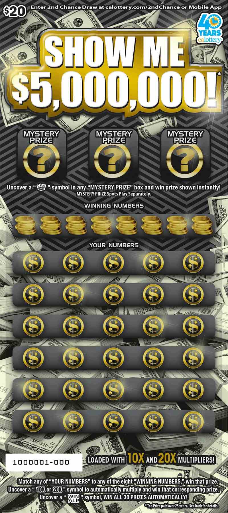 Show Me $5,000,000! scratchcard - game number #1678 - front